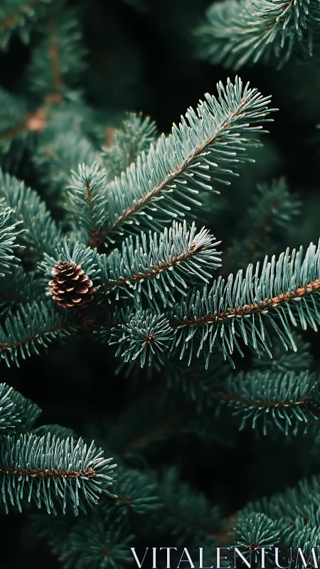 Evergreen fir needles and pine cone rendered in crisp macro focus