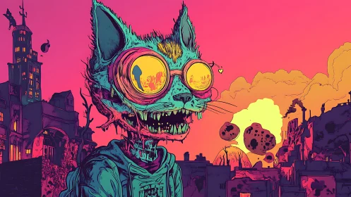 Mutant cyberpunk cat in neon wasteland sunset skyline