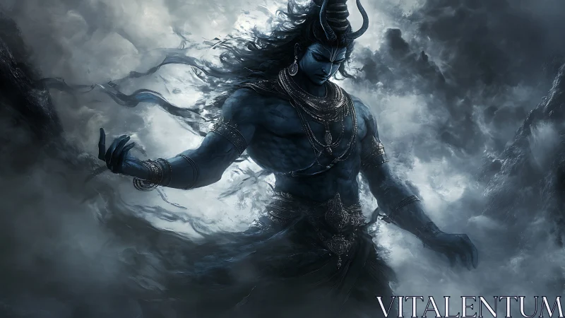 Stormlit blue deity walking through swirling mountain mist.