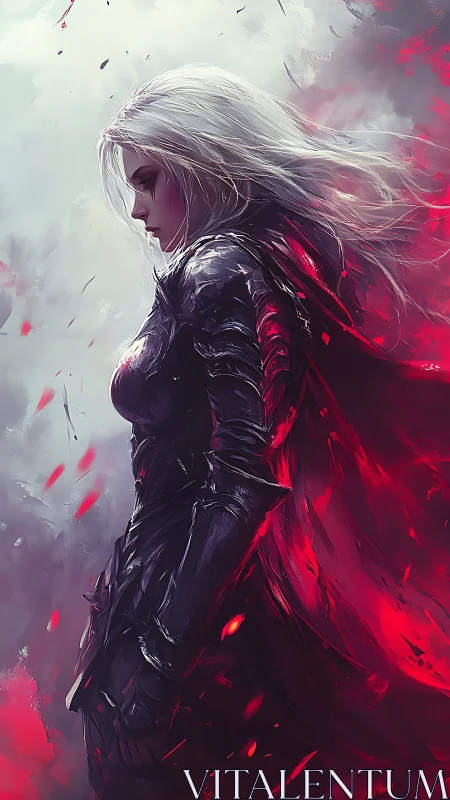 Storm-lit warrior in crimson cloak walking through embers.
