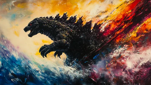 Roaring sea monster strides through fire and stormy waves