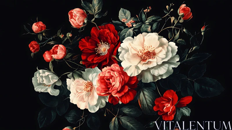 Floral botanical arrangement with red and white peonies on dark background