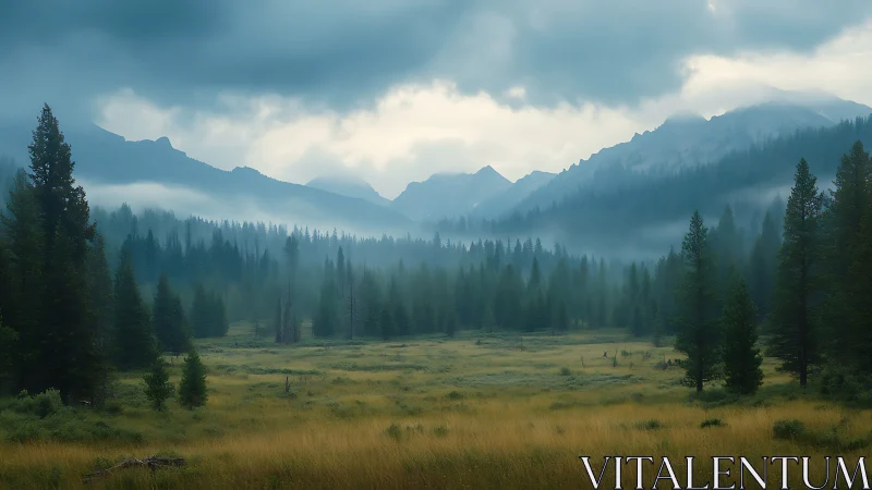 Foggy conifer forest surrounds wide grassy valley at sunrise