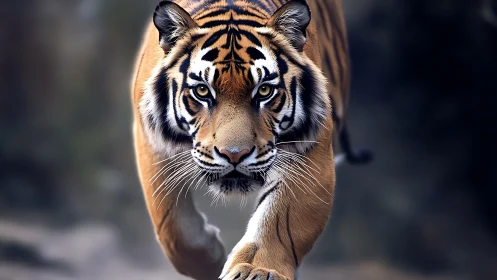 Frontal tiger stride captured with shallow depth and motion cue