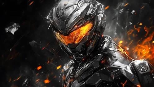 Armored futuristic soldier with molten orange visor in flames.
