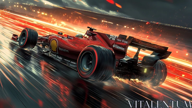 Turbocharged comet-car scythes through rain-slick neon asphalt