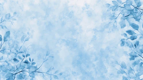 Soft blue watercolor foliage frames light textured background