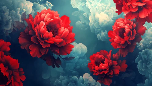 Vivid red peonies suspended within ethereal teal cloudscape composition.