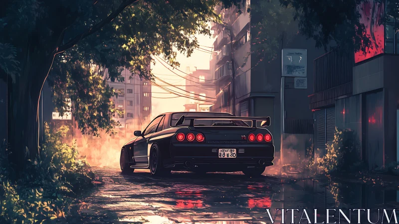 Black sports car idles in wet urban alley at sunset
