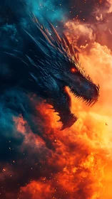 Dragon head emerges through bifurcated fire and storm clouds
