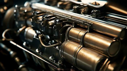 Photorealistic closeup of metallic automotive engine system.