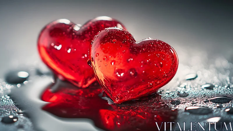 Red glass hearts with water droplets on wet surface.
