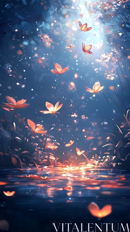 Glowing butterflies rise over a moonlit forest pond.