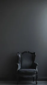 Ornate black leather armchair against minimalist dark wall.