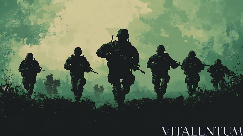 Silhouetted infantry squad advancing through misty terrain.