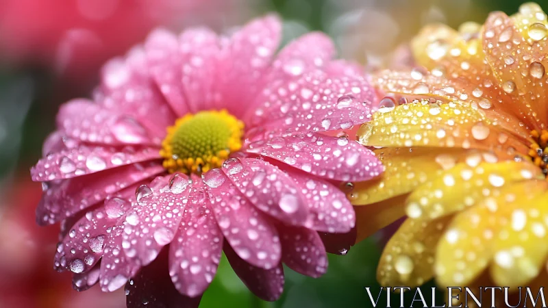 Rain-kissed gerbera blossoms glitter in dreamy close focus.