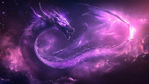 Cosmic purple dragon spiraling through glowing nebula sky.