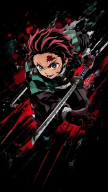 Intense anime swordsman lunging forward in battle pose.