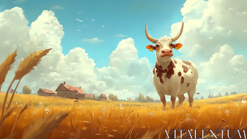 Whimsical cow under vast clouds in golden farm field.