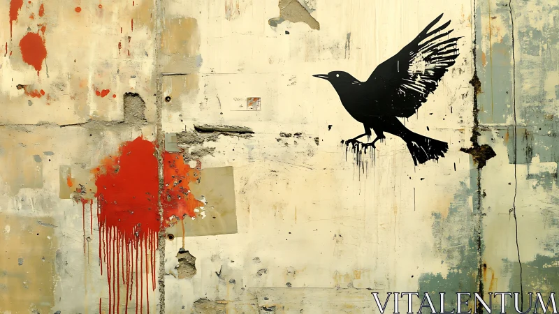 Urban crow stencil against distressed concrete wall.