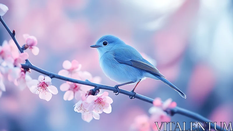 Blue songbird on cherry blossom branch in dreamy pastel photography.