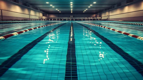 Empty indoor swimming pool with lanes under bright lights.