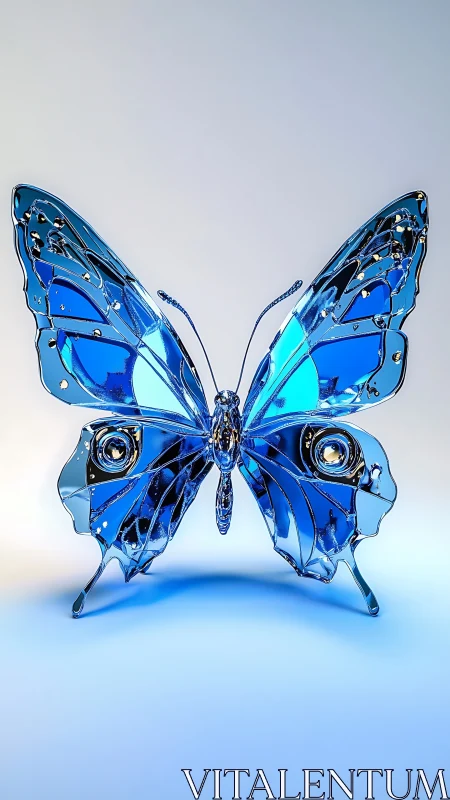 Luminous glass butterfly in cool blue metallic glow.