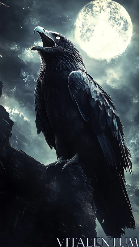 Midnight raven cries beneath full moonlit storm sky.
