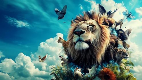Majestic wildlife montage in expansive cloudscape composition.
