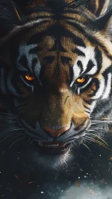 Burning-eyed tiger emerges from shadows in cinematic focus