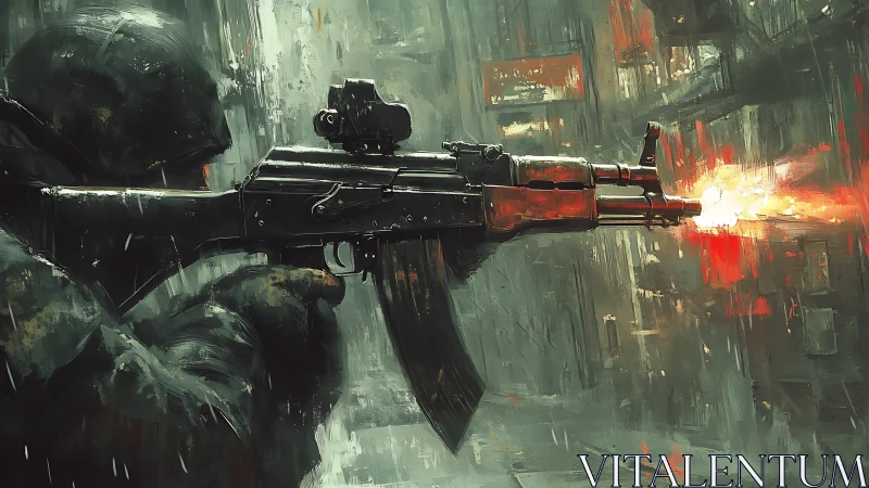 Urban combat soldier firing rifle in cinematic rain scene.