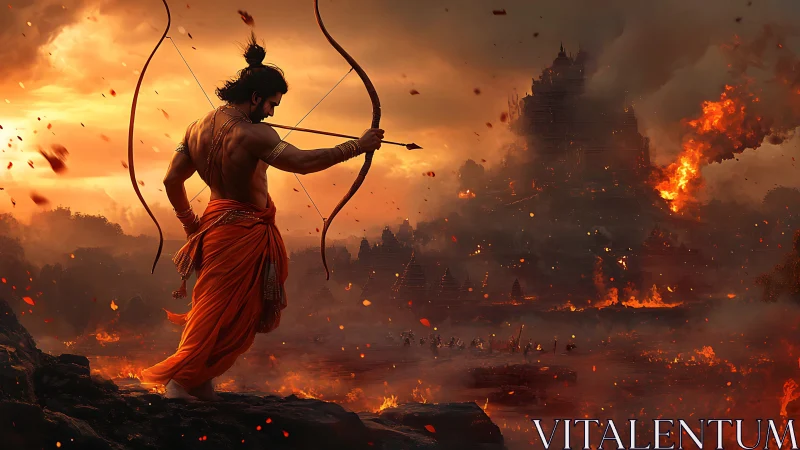 Armed figure surveys burning fortress under dense smoke