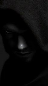 Hooded male face in low key lighting with obscured details.