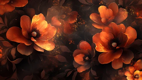 Luminous Crimson Blooms with Particle Effects Against Dark Background