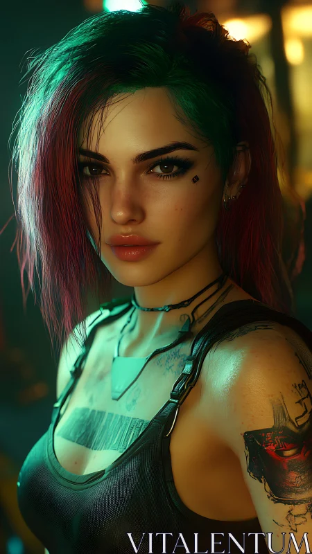 Cyberpunk portrait of neon-lit hacker girl with tattoos and scars