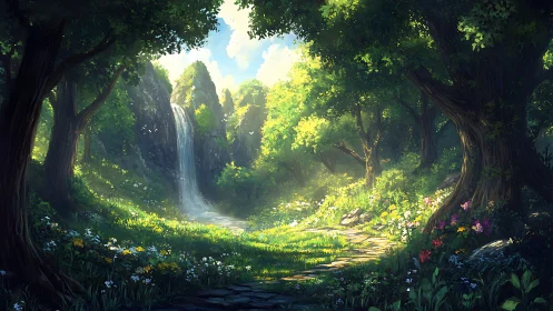 Enchanted Forest Sanctuary With Cascading Waterfall.