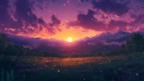 Vibrant sunset over alpine meadow with glowing wildflowers.