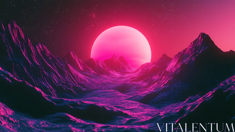 Neon alien valley under glowing magenta sunscape horizon.