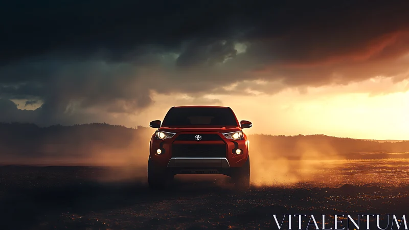 Front-facing red SUV in dynamic off-road dust plume at sunset.