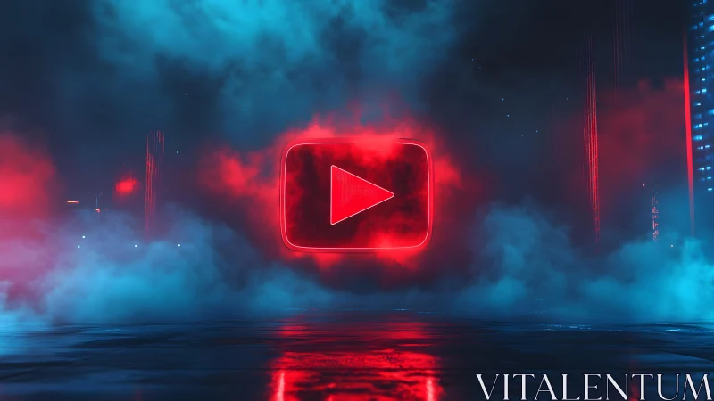 Neon YouTube Logo in Futuristic Cityscape with Colorful Fog.