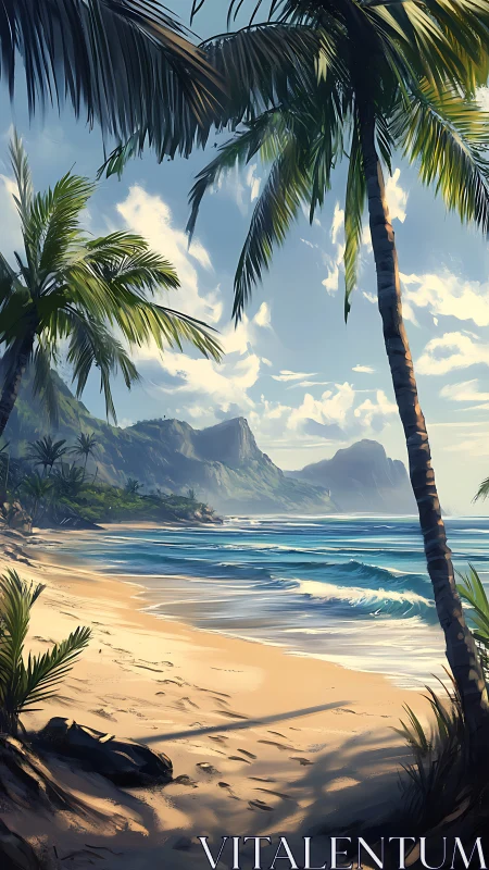 Tropical Paradise Beach with Palm Trees and Mountains