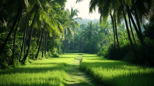 Path runs through bright green rice field under tall palms