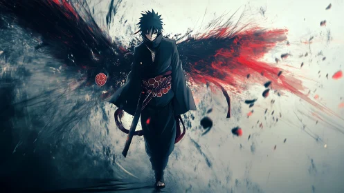 Shadowed warrior strides through storm of crimson wings.