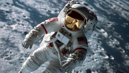 Solo spacewalk over the moonlit surface, calm and bold.