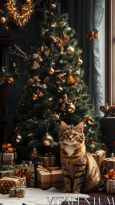 Tabby cat near decorated Christmas tree with wrapped gifts.