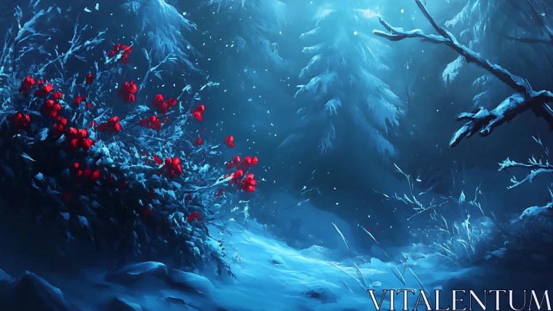 Moonlit winter forest glows as crimson berries softly shine