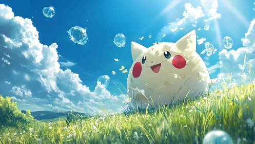 Round creature in sunny meadow with bubbles and clouds.