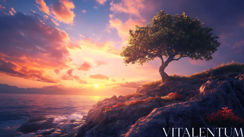 Solitary coastal tree over luminous painterly sunset sky.