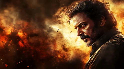Brooding man framed by fiery cinematic explosion background.
