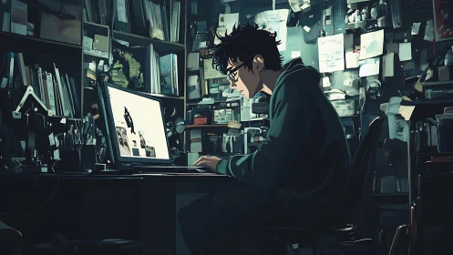 Night coder hunches over glowing monitor in cluttered studio.